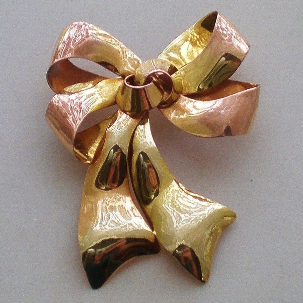 LARGE Vintage Carl Art Solid 10K Yellow Rose Pink Gold Two Tone Bow Brooch Pin